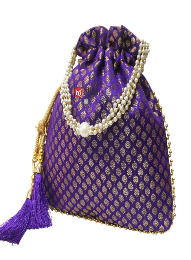 MILAN'S CREATION Brocade Potli Bag Purse With Pearl Handle Tassel Women’s Handbag Giveaways Festival (Magenta Purple) - Image 3